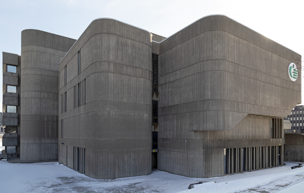 20190223. The rounded board formed concrete exterior of the 1969 ...