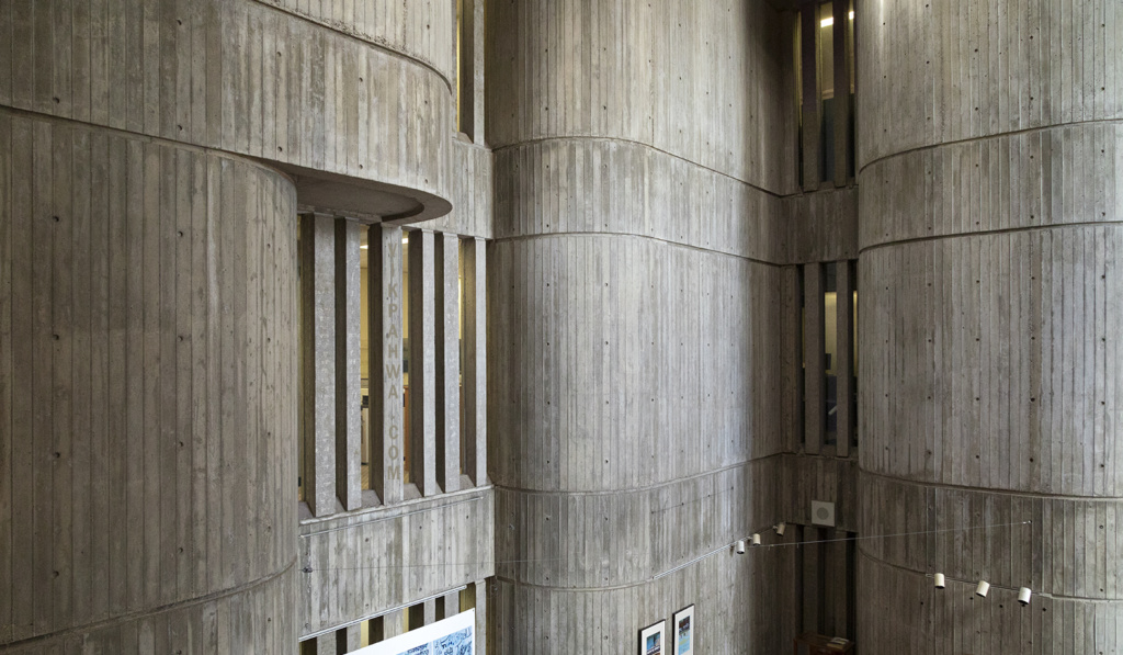 20190403. The rounded board-formed concrete interior of the 1969